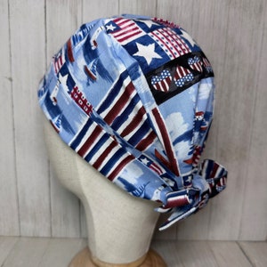 USA Patriotic Tie-Back Scrub Cap: Women's Pixie 4th of July Surgical OR Hat, Independence Day Holiday Doctor Nurse Medical ER Tech Chef