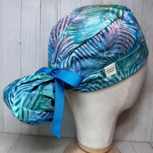 Tropical Leaves Batik Ponytail Scrub Cap for Women, Tropics Foliage OR Surgical Hat, Muted Colors Doctor Nurse Medical Dental Pediatric Vet