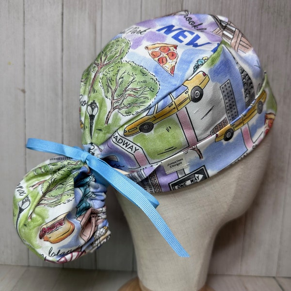 New York City Map Ponytail Scrub Cap for Women, Broadway OR Surgical Hat, Central Park NYC Doctor Nurse Medical CRNA Pediatric Vet Tech Chef