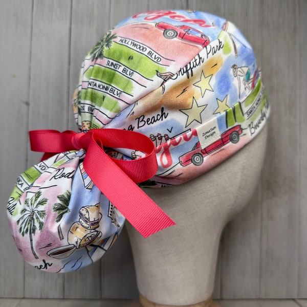 Los Angeles City Map Ponytail Scrub Cap for Women, Coastal California Surgical OR Hat, Hollywood Beverly Hills Doctor Nurse Medical CRNA Vet