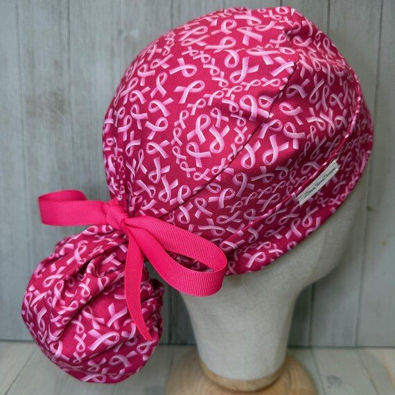 Breast Cancer Awareness Ponytail Scrub Cap: Women's Pink Ribbon Batik Surgical OR Hat, Medical Cause Doctor Nurse Surgeon Radiology CRNA ER