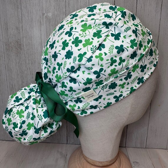 Tossed Shamrocks Ponytail Scrub Cap: Women's St Patrick's Day OR Surgical Hat, Luck of the Irish Doctor Nurse Medical Pediatric Vet ER Tech