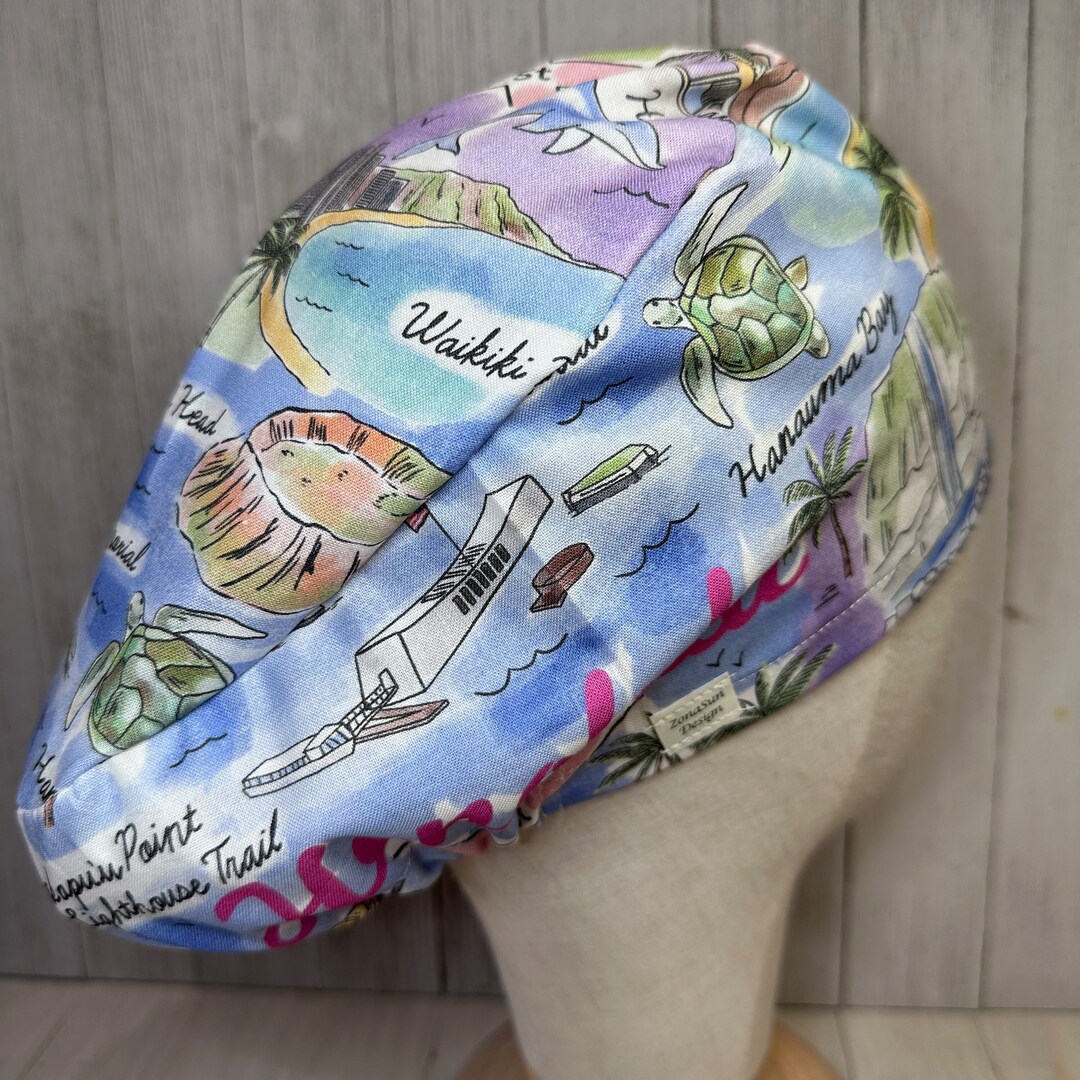 Honolulu Map Euro Style Scrub Cap for Women, Tropical Hawaiian Vacation