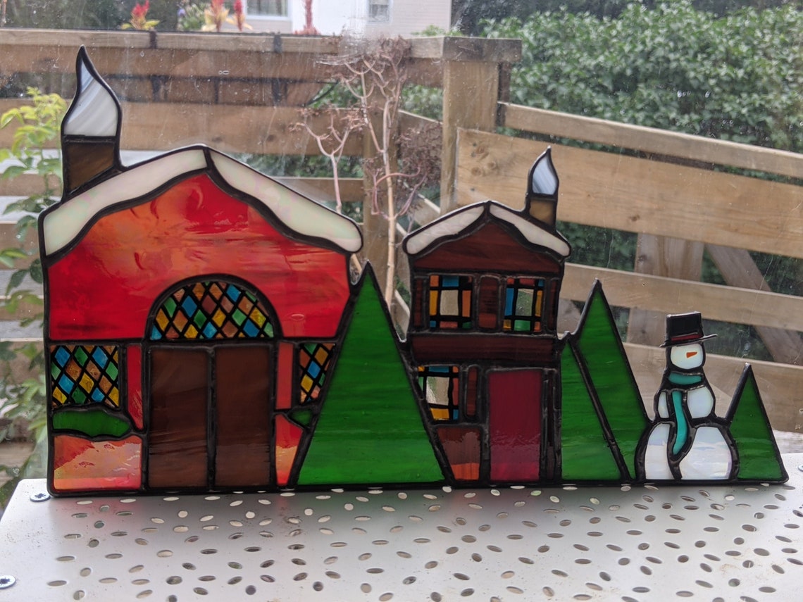 Stained Glass Christmas Village Window Corner with Stand Etsy