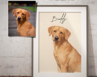 May include: A framed portrait of a golden Labrador Retriever dog named Buddy. The dog is depicted in a realistic style, with a soft, light brown coat. The artwork is displayed on a light beige background, with the name "Buddy" written in cursive.