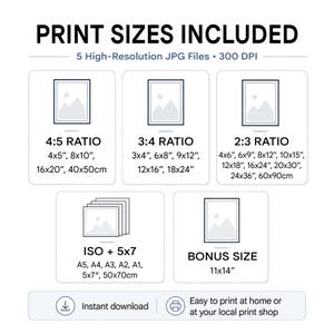 Puede incluir: Un gr&aacute;fico blanco con el texto "PRINT SIZES INCLUDED" y relaciones de tama&ntilde;o: 4:5, 3:4, 2:3, ISO + 5x7 y BONUS SIZE 11x14". Incluye tama&ntilde;os en pulgadas y cent&iacute;metros. El gr&aacute;fico tambi&eacute;n indica "5 High-Resolution JPG Files &bull; 300 DPI".