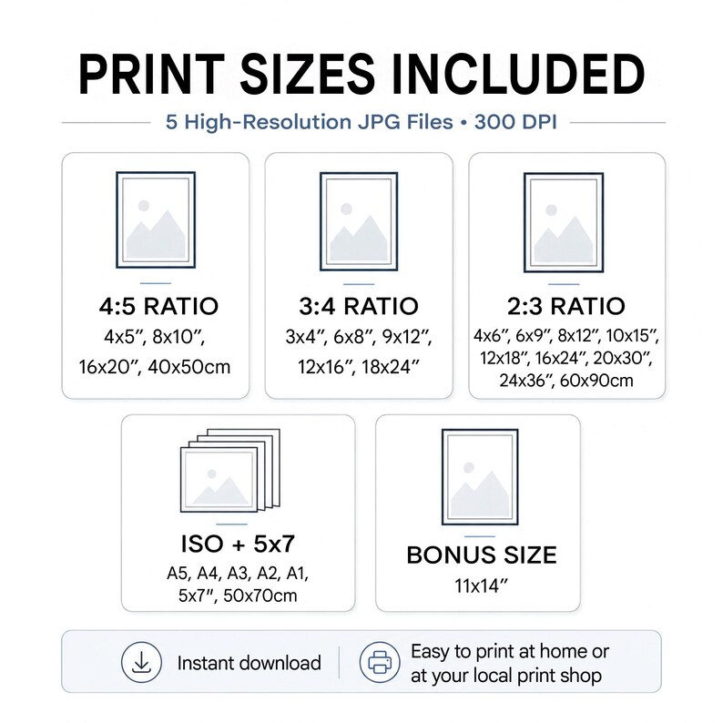Puede incluir: Un gr&aacute;fico blanco con el texto "PRINT SIZES INCLUDED" y relaciones de tama&ntilde;o: 4:5, 3:4, 2:3, ISO + 5x7 y BONUS SIZE 11x14". Incluye tama&ntilde;os en pulgadas y cent&iacute;metros. El gr&aacute;fico tambi&eacute;n indica "5 High-Resolution JPG Files &bull; 300 DPI".