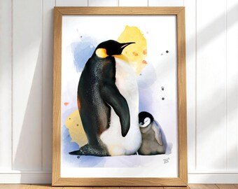 Láminas imprimibles de pingüinos bebés para decoración de pared de guardería, póster de animales en acuarela para guardería, mamá y bebé pingüino, decoración de pared para habitación infantil