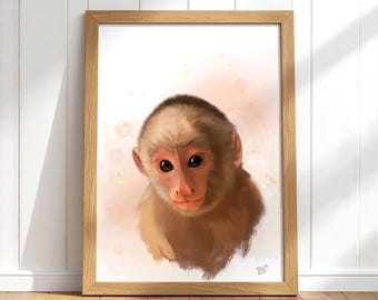 Monkey Nursery Wall Art, Watercolor Baby Animal Print, Woodland Nursery Decor, Cute Monkey Poster, Kids Room Wall Decor