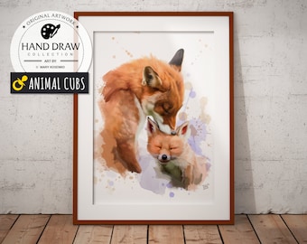 Fox Mom & Baby Nursery Animals Forest Exclusive Souvenir Painting Digital Download Wall Poster Color Photo Decor Living Room Nursery Cub