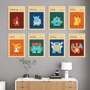 May include: A set of eight vintage-style Pokemon character posters. Each poster features a different Pokemon character, including Charmeleon, Wartortle, Ivysaur, Pikachu, Raichu, Venusaur, Blastoise, and Charizard. The posters are printed on a cream-coloured background with black text and Japanese characters.