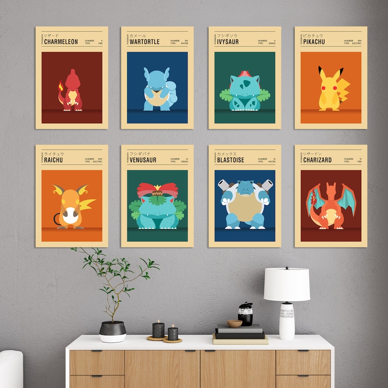 May include: A set of eight vintage-style Pokemon character posters. Each poster features a different Pokemon character, including Charmeleon, Wartortle, Ivysaur, Pikachu, Raichu, Venusaur, Blastoise, and Charizard. The posters are printed on a cream-coloured background with black text and Japanese characters.