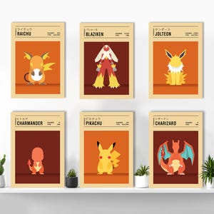 May include: Six colourful Pokemon character illustrations with Japanese text, numbers, and type labels. The characters are Raichu, Blaziken, Jolteon, Charmander, Pikachu, and Charizard.