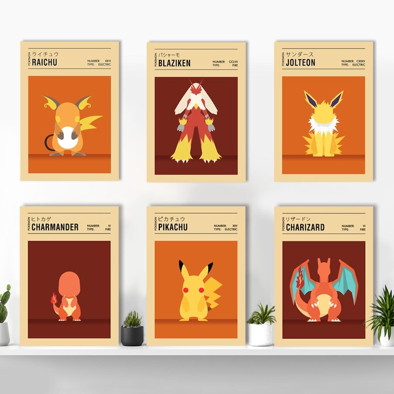 May include: Six colourful Pokemon character illustrations with Japanese text, numbers, and type labels. The characters are Raichu, Blaziken, Jolteon, Charmander, Pikachu, and Charizard.