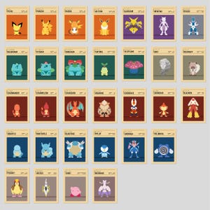 May include: A colourful poster featuring 36 different Pokemon characters, each with a unique design and colour scheme. The poster is divided into a grid of 6 rows and 6 columns, with each square containing a different Pokemon. The poster is printed on a beige background with a brown border.