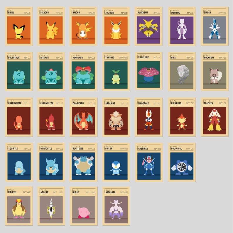 May include: A colourful poster featuring 36 different Pokemon characters, each with a unique design and colour scheme. The poster is divided into a grid of 6 rows and 6 columns, with each square containing a different Pokemon. The poster is printed on a beige background with a brown border.