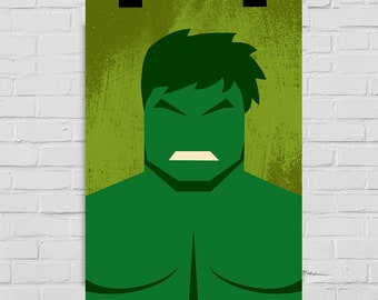 Puede incluir: Un póster verde y amarillo con una ilustración minimalista de Hulk, un superhéroe conocido por su piel verde y su increíble fuerza.