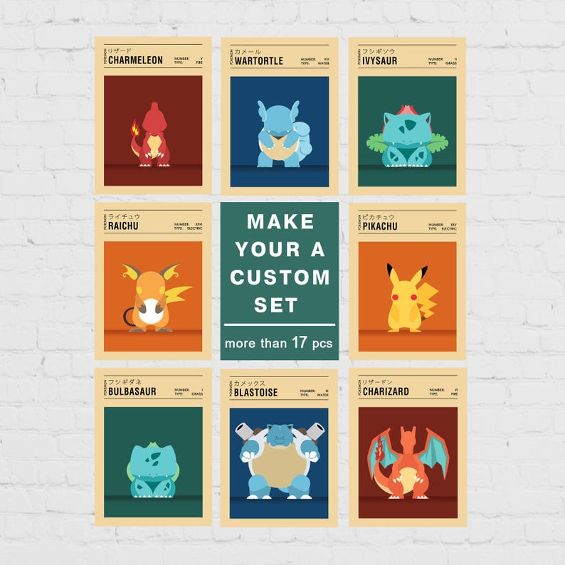 Custom Pokemon Poster Set, Minimalist Wall Art image 1