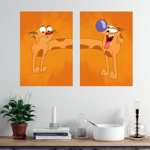 Set of 2 pcs poster catdog, Art cartoon poster, Nostalgic cartoon poster, Art poster minimalist, Print minimalist poster, Vintage poster set