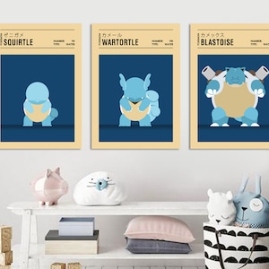 May include: Three minimalist posters featuring the first three Pokemon water-type starter evolutions: Squirtle, Wartortle, and Blastoise. Each poster has a blue background with the Pokemon's Japanese name and English name in white text. The Pokemon are depicted in a simple, cartoon style.