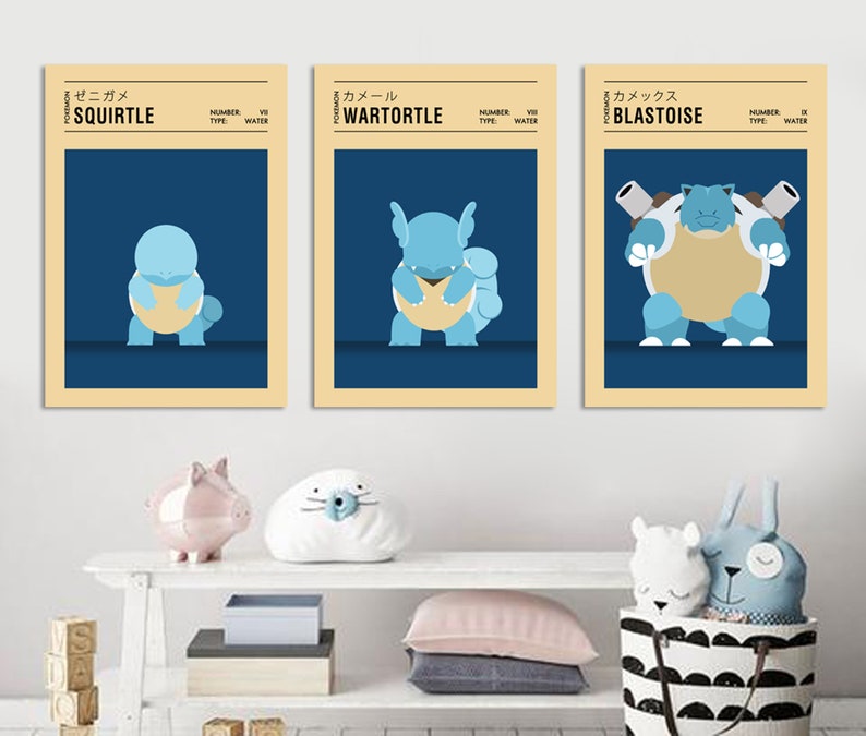 May include: Three minimalist posters featuring the first three Pokemon water-type starter evolutions: Squirtle, Wartortle, and Blastoise. Each poster has a blue background with the Pokemon's Japanese name and English name in white text. The Pokemon are depicted in a simple, cartoon style.
