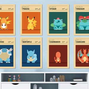 May include: Eight vintage-style Pokemon character cards featuring illustrations of Pikachu, Raichu, Venusaur, Ivysaur, Blastoise, Wartortle, Charmander, and Charizard. The cards are printed on a cream-coloured background with Japanese text.