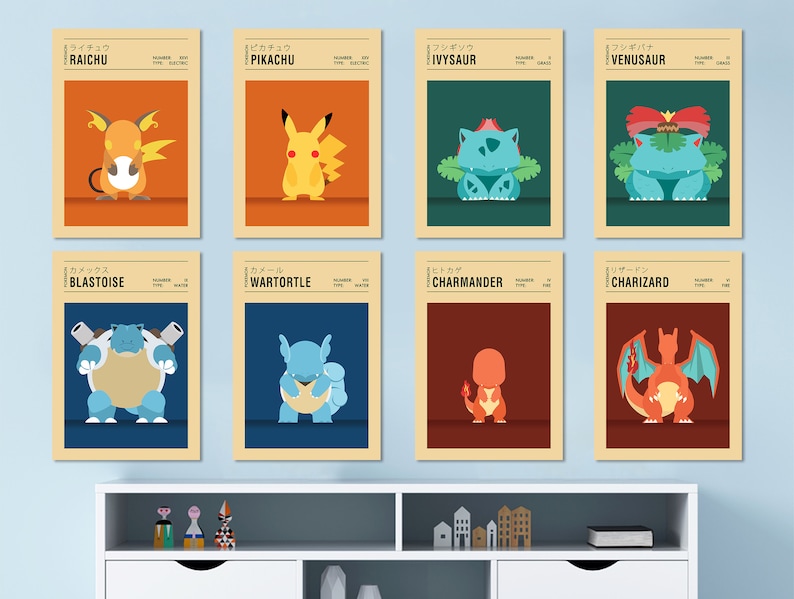 May include: Eight vintage-style Pokemon character cards featuring illustrations of Pikachu, Raichu, Venusaur, Ivysaur, Blastoise, Wartortle, Charmander, and Charizard. The cards are printed on a cream-coloured background with Japanese text.