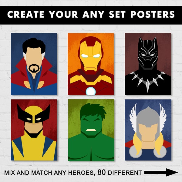 DIY set posters, Heroes poster wall art, Create your any set posters, Minimalist posters set, Vintage Poster Set, Poster print wall art