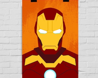Puede incluir: Una ilustración minimalista de la cara de Iron Man en rojo y amarillo sobre un fondo blanco.