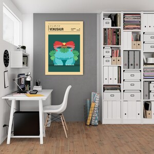 May include: A minimalist poster featuring a cartoon illustration of Venusaur, a green and blue Pokemon with a red flower on its head. The poster has a beige background with the text "VENUSAUR" in black and the text "フシギバナ" in Japanese. The poster also includes the text "NUMBER 003 TYPE GRASS".