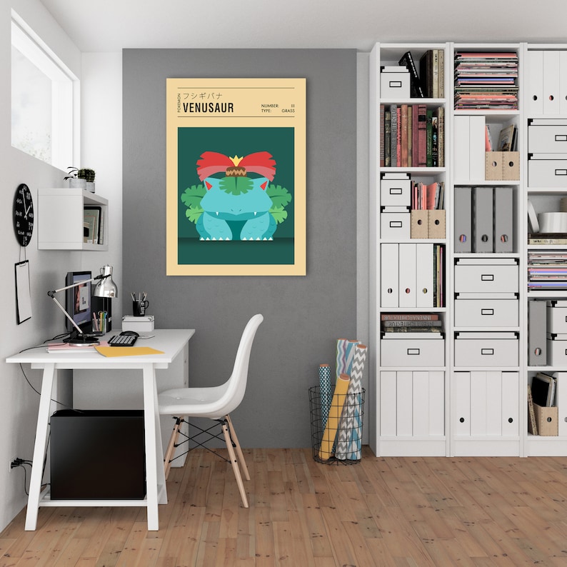 May include: A minimalist poster featuring a cartoon illustration of Venusaur, a green and blue Pokemon with a red flower on its head. The poster has a beige background with the text "VENUSAUR" in black and the text "フシギバナ" in Japanese. The poster also includes the text "NUMBER 003 TYPE GRASS".