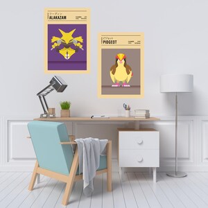 May include: Two Pokemon character posters, Alakazam and Pidgeot, are displayed on a white wall above a wooden desk with a blue chair, a lamp, and a white drawer unit.