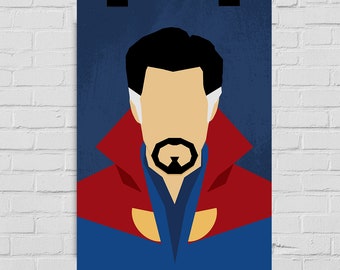 Puede incluir: Una ilustración minimalista de Doctor Strange, un superhéroe de Marvel Comics. La imagen presenta un fondo azul con un traje rojo y azul, una barba negra y una silueta negra de la cara del personaje.