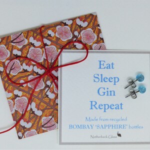 Recycled Bombay Sapphire Gin Bottle Earrings, Surgical Steel Posts, Gin Lover Gift