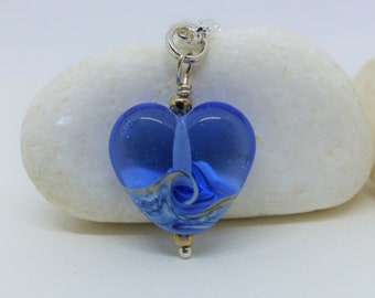 Unique lampwork glass pendant gift for someone special. Necklace Blue Heart Ocean Wave Jewellery. Birthday gift, Mother's Day. Artisan made