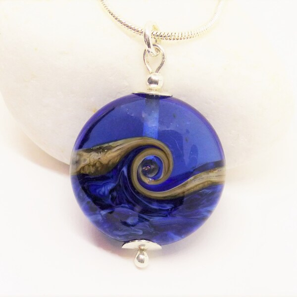 Pendant necklace. Unique Birthday gift for her. Jewellery. Blue wave pendant. Handmade Lampwork with Silver. Unusual One of a kind jewelry