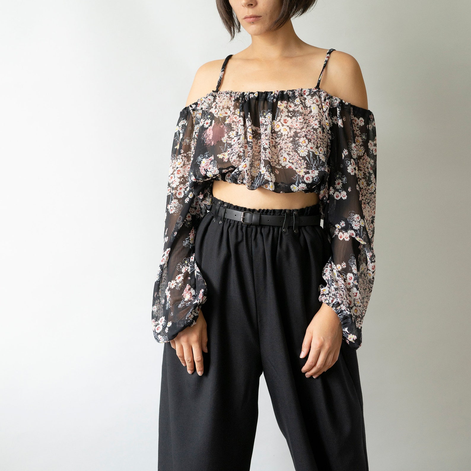 Sheer floral Off Shoulder crop top Peasant chemise blouse Etsy