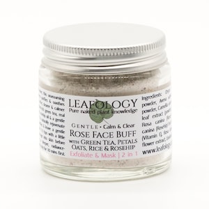 Rose Face Buff with Green Tea, Petals, Oats, Rice + Rosehip | natural skincare, exfoliating clay mask, rosacea, sensitive skin | Glass jar