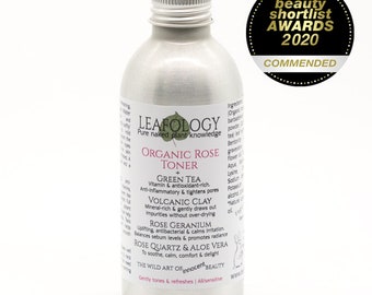 Gentle Organic Rosewater Toner with Green Tea, Volcanic Clay, Balancing Geranium, Aloe Vera & Rose Quartz | Metal bottle (not plastic!)