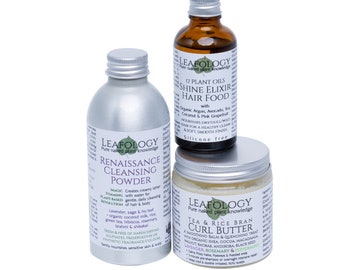Set de regalo para el cuidado natural del cabello: manteca vegana para rizos, polvos limpiadores y elixir de brillo