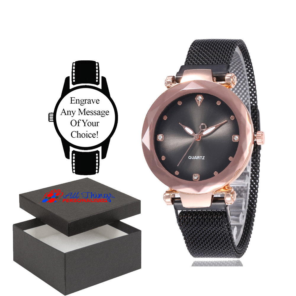 Personalised Engraved Watch Black Magnet Mesh Buckle Quartz Stylish Designed Watch