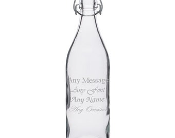 Personalisierte Gravur, 1 Liter, runde Flasche mit weißem Verschluss, Bügelverschluss, Geschenk, Geburtstag, Weihnachten, Hochzeit