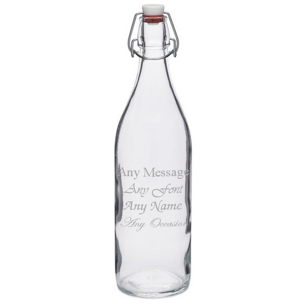 Personalised Engraved 1ltr Round White Cap Swing Top Bottle Gift Birthday Christmas Wedding