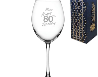 May include: A clear glass wine glass with the text "Name Happy 80th Birthday" etched on the side. The glass is in a blue box with a gold geometric pattern.