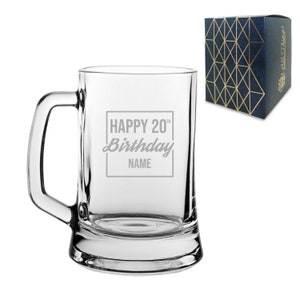 Engraved  Tankard Beer Mug Stein Happy 20th Birthday Square Design Gift Boxed