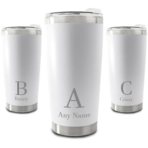 Personalised Engraved 500ml White Travel Cup with Initial and Name Design, Personalise with Any Initials or Letters