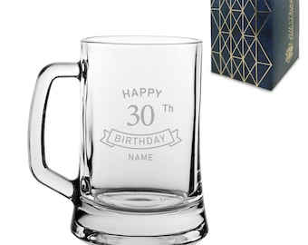 Engraved  Tankard Beer Mug Stein Happy 30th Birthday Banner Design Gift Boxed