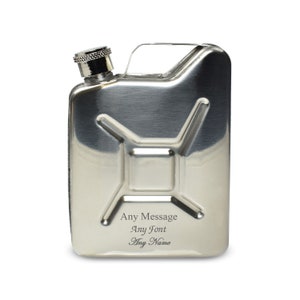 Personalised Engraved Silver Jerry Can Hip Flask, Personalise with Any Message for Any Occasion
