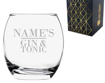 Personalised Engraved Novelty Tondo Tumbler, "Name's Gin and Tonic", Gift Boxed, The Perfect Gift for Gin Lovers for Birthdays