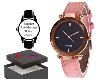Personalised Engraved Watch Pink Leather Strap with Black Face Gold Rim Quartz Watch